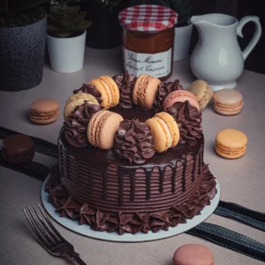 CHOCOLATE FUDGE CAKE WITH MACARONS